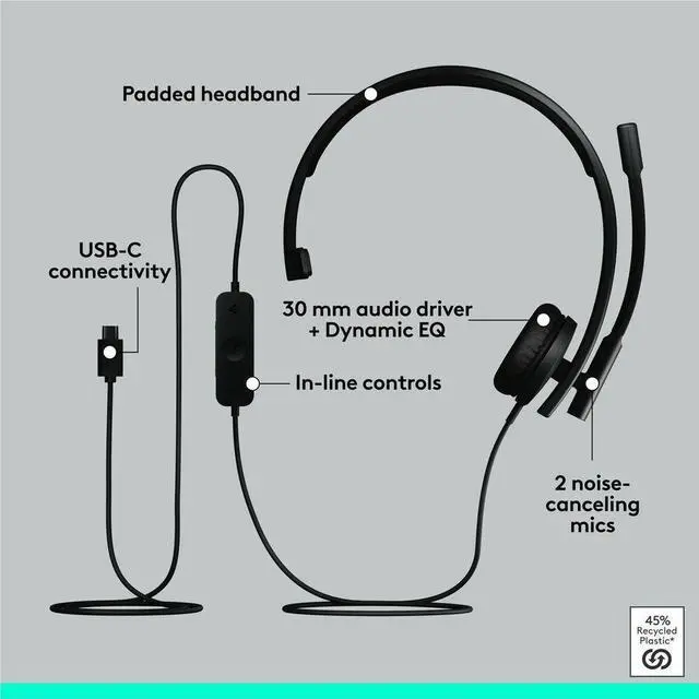 Alt view image 7 of 7 - Logitech H570e USB Headset With Microphone for PC and Mac, USB-C Wired Headset With Mono Sound, Noise-Canceling Mics and Inline Controls, Certified for Microsoft Teams, Black - Microsoft Teams Certifi