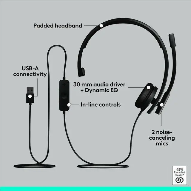 Alt view image 7 of 7 - Logitech H570e USB Headset With Microphone for PC and Mac, USB-A Wired Headset With Mono Sound, Noise-Canceling Mics and Inline Controls, Certified for Microsoft Teams, Black - Microsoft Teams Certifi