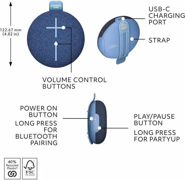 Alt view image 5 of 7 - Ultimate Ears MINIROLL Ultra-Portable Waterproof Bluetooth Speaker - Majestic Blue