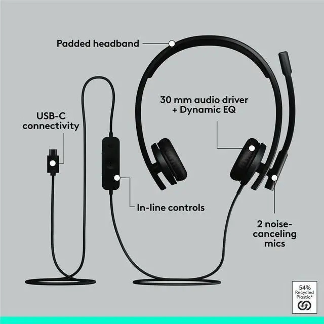 Alt view image 6 of 14 - Logitech H570e USB Headset With Microphone for PC and Mac, USB-C Wired Headset With Stereo Sound, Noise-Canceling Mics and Inline Controls, Certified for Microsoft Teams, Black - Microsoft Teams Certi