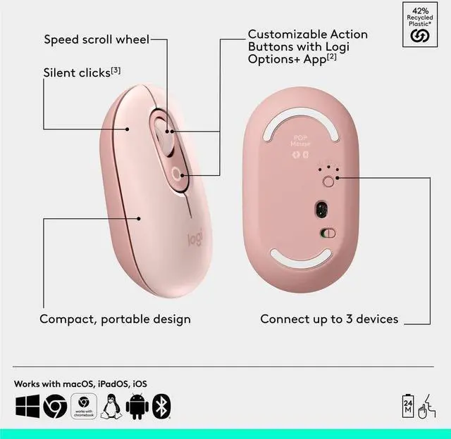 Alt view image 6 of 14 - Logitech POP Mouse - Wireless - 32.81 ft - Bluetooth - Rose - Scroll Wheel - 4 Button(s) - 1 x AA Battery Supported