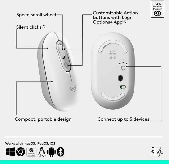 Alt view image 2 of 12 - Logitech POP Mouse - Wireless - 32.81 ft - Bluetooth - Off White - Scroll Wheel - 4 Button(s) - 1 x AA Battery Supported