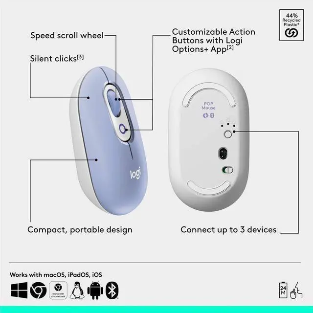 Alt view image 6 of 7 - Logitech POP Mouse - Wireless - 32.81 ft - Bluetooth - Lilac - Scroll Wheel - 4 Button(s) - 1 x AA Battery Supported