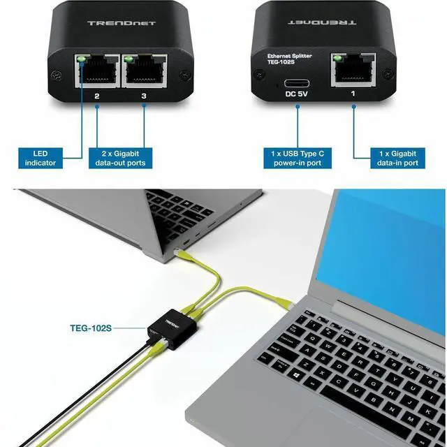 Alt view image 11 of 15 - TRENDnet 2-Port Gigabit Splitter with USB Type C Power, TEG-102S, Splits One Network Connection Into Two, Ethernet Splitter, USB Type C Power Cable Included, NDAA & TAA Compliant