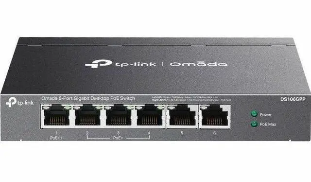 Alt view image 4 of 9 - Tp Link TP-Link Omada 6-Port Gigabit Desktop Switch with 3-Port PoE+ and 1-Port PoE++ - 6 Ports - Gigabit Ethernet - 10/100/1000Base-T - 2 Layer Supported - 71.46 W Power Consumption - DS106GPP