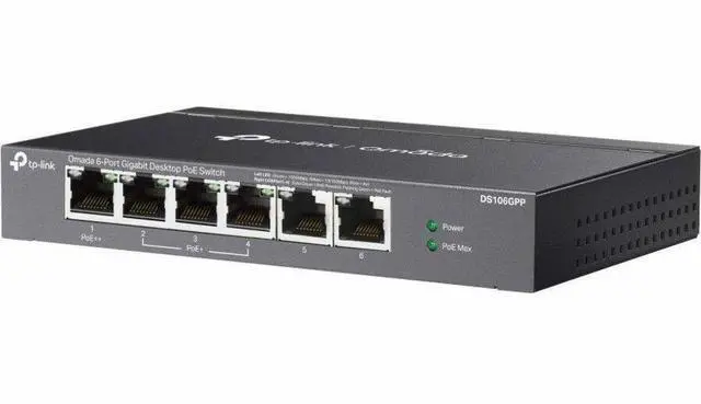 Alt view image 7 of 9 - Tp Link TP-Link Omada 6-Port Gigabit Desktop Switch with 3-Port PoE+ and 1-Port PoE++ - 6 Ports - Gigabit Ethernet - 10/100/1000Base-T - 2 Layer Supported - 71.46 W Power Consumption - DS106GPP