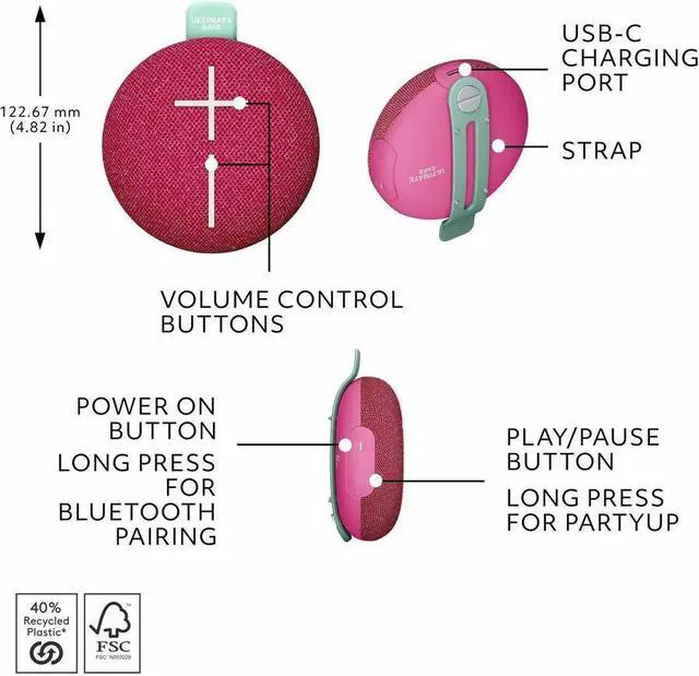 Alt view image 7 of 7 - Ultimate Ears MINIROLL Ultra-Portable Waterproof Bluetooth Speaker, Big Bass, IP67 Dustproof, 131 ft (40 m) Range - Calming Pink