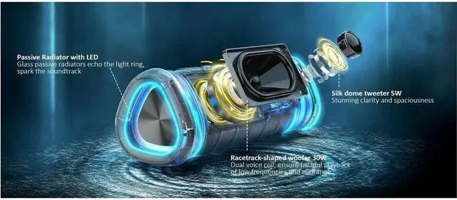 Alt view image 7 of 15 - m360 Sound Stage Pro Wireless Portable Speaker - 35W - Bluetooth - BT8850DSP - 100 Hz to 18 kHz - IP67 Dust Proof-Waterproof - Rugged - Travel - Hot Tub - Gym - Work Out - RGB Lighting - BT 5.3 - One