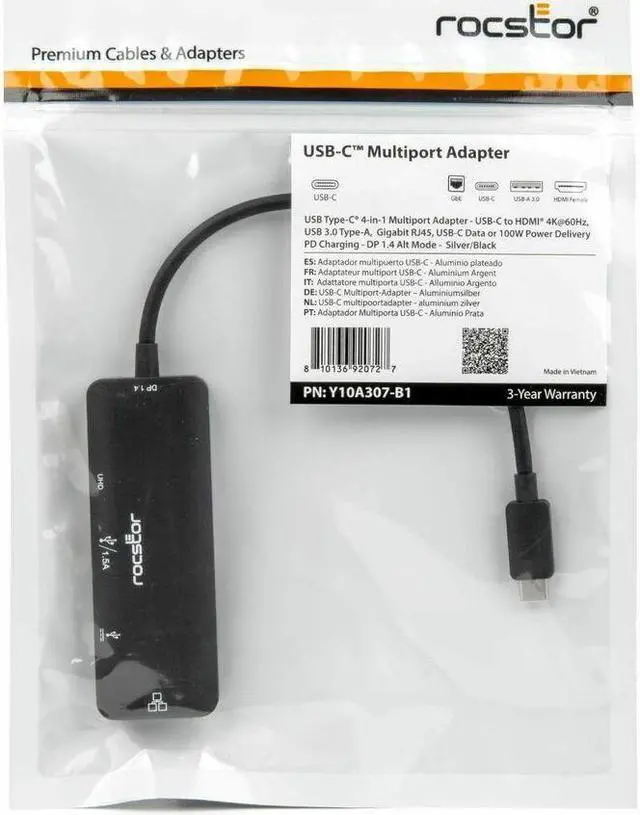 Alt view image 3 of 9 - Rocstor Premium USB Type-C 4-in-1 4K Multiport Adapter - for Desktop PC/Notebook/Tablet/Smartphone/Monitor - Charging Capability - USB Type C - 4K @ 60Hz, 4K, 4K UHD - 3840 x 2160 - 2 x USB Ports - 1