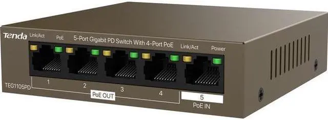 Main image of Tenda TEG1105PD 5-Port Gigabit PD Switch With 4-Port PoE - 5 Ports - Gigabit Ethernet - 10/100/1000Base-T - 2 Layer Supported - 30 W PoE Budget - Twisted Pair - PoE Ports - Desktop, Wall Mountable, Ra