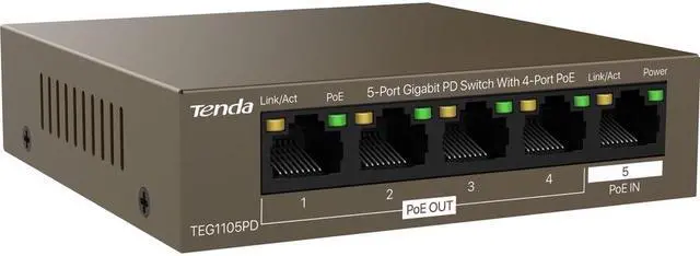 Alt view image 2 of 5 - Tenda TEG1105PD 5-Port Gigabit PD Switch With 4-Port PoE - 5 Ports - Gigabit Ethernet - 10/100/1000Base-T - 2 Layer Supported - 30 W PoE Budget - Twisted Pair - PoE Ports - Desktop, Wall Mountable, Ra