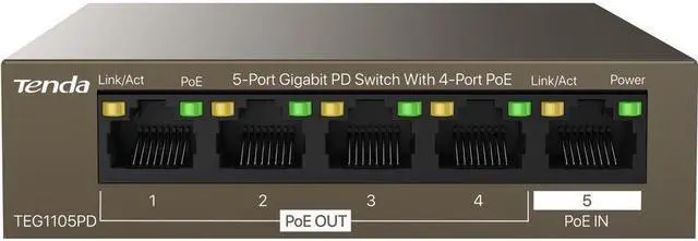 Alt view image 4 of 5 - Tenda TEG1105PD 5-Port Gigabit PD Switch With 4-Port PoE - 5 Ports - Gigabit Ethernet - 10/100/1000Base-T - 2 Layer Supported - 30 W PoE Budget - Twisted Pair - PoE Ports - Desktop, Wall Mountable, Ra
