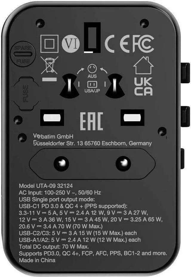 Alt view image 4 of 9 - Verbatim UTA-09 Gan III Universal Travel Adapter 70W - USB-C, USB-A - 70 W - 120 V AC, 230 V AC Input