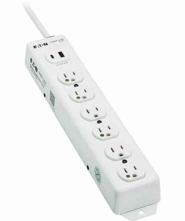Main image of Eaton Tripp Lite Series Safe-IT UL 1363 Medical-Grade Power Strip, 6 Hospital-Grade Outlets, USB Charging, Safety Covers, Antimicrobial, 2 ft. Cord - NEMA 5-15P-HG - 1 x USB Type A, 1 x USB Type C, 6