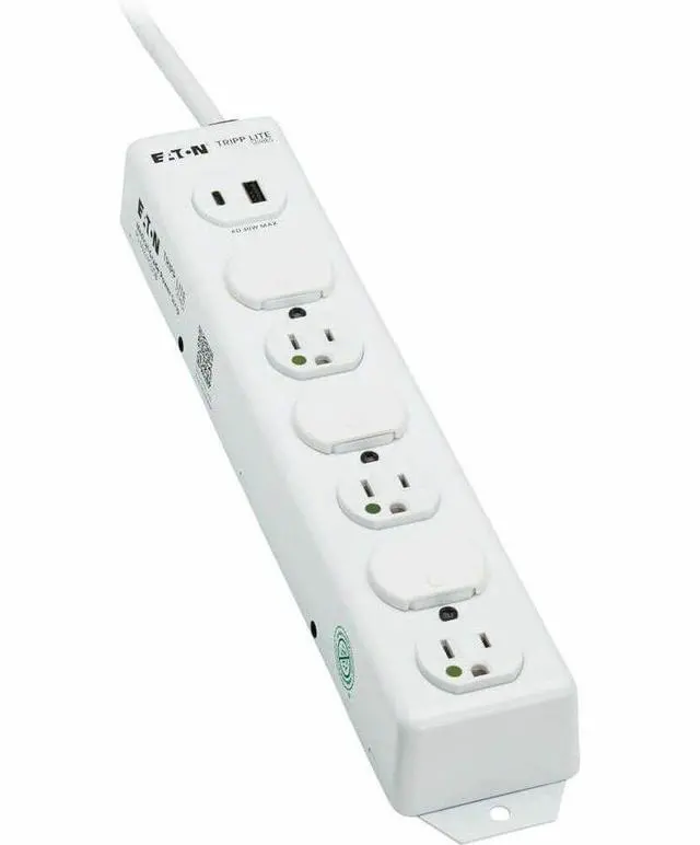 Alt view image 6 of 15 - Eaton Tripp Lite Series Safe-IT UL 1363 Medical-Grade Power Strip, 6 Hospital-Grade Outlets, USB Charging, Safety Covers, Antimicrobial, 2 ft. Cord - NEMA 5-15P-HG - 1 x USB Type A, 1 x USB Type C, 6