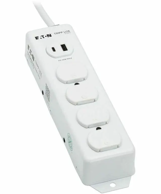Alt view image 4 of 8 - Eaton Tripp Lite Series Safe-IT UL 1363 Medical-Grade Power Strip, 4 Hospital-Grade Outlets, USB Charging, Safety Covers, Antimicrobial, 15 ft. Cord - NEMA 5-15P-HG - 4 x NEMA 5-15R-HG, 1 x USB Type A