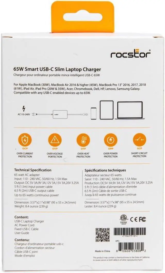 Alt view image 4 of 9 - Rocstor 65W Smart USB-C Laptop Power Adapter Charger - Compatible and perfect fit for Dell,HP®,Lenovo®,Microsoft® Surface® (23W,24W,36W,44W,65W) Power Supply