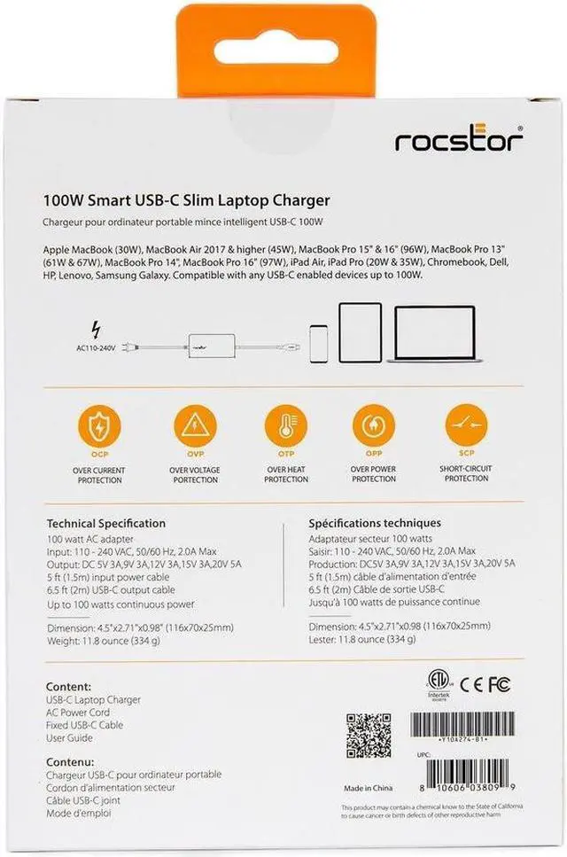Alt view image 2 of 9 - Rocstor 100W Smart USB-C Laptop Power Adapter Charger - Compatible and perfect fit for Dell,HP®,Lenovo®,Microsoft® Surface®(23W,24W,36W,44W,65W)Power Supply,