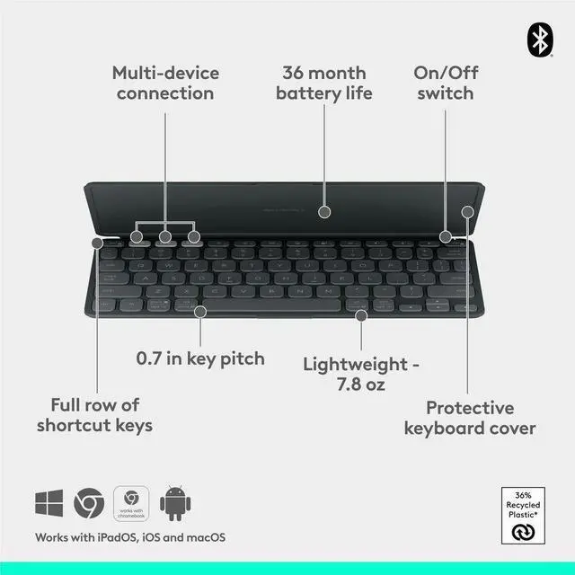 Alt view image 6 of 7 - Logitech KEYS-to-GO 2 Portable Bluetooth Tablet Keyboard, Builtin Cover Graphite