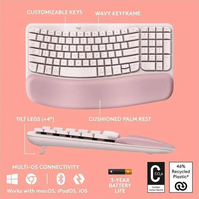 Alt view image 2 of 14 - Logitech Wave Keys Wireless Ergonomic Keyboard, Rose 920-012276