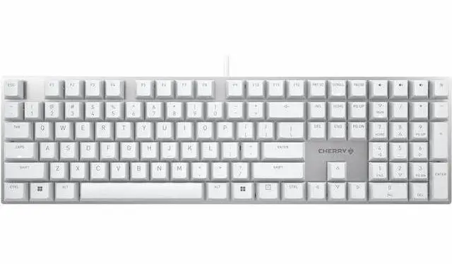 Alt view image 2 of 8 - CHERRY KC 200 MX-Wired Keyboard - MX2A SILENT RED - Silver/White Housing - Linear feel - abrasion resistant keys - white LED indicators built into status keys - adjustable feet