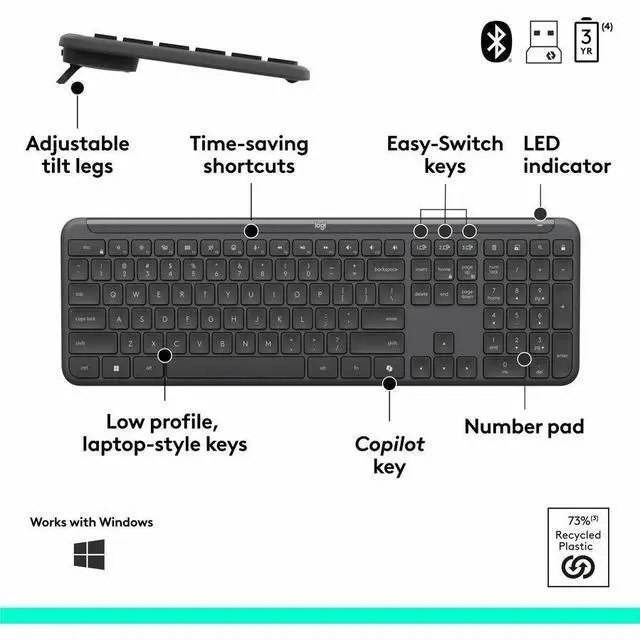 Alt view image 6 of 7 - Logitech Signature Slim MK955 Combo for Business, Copilot Edition, Wireless Keyboard and Mouse, Graphite    920-013271