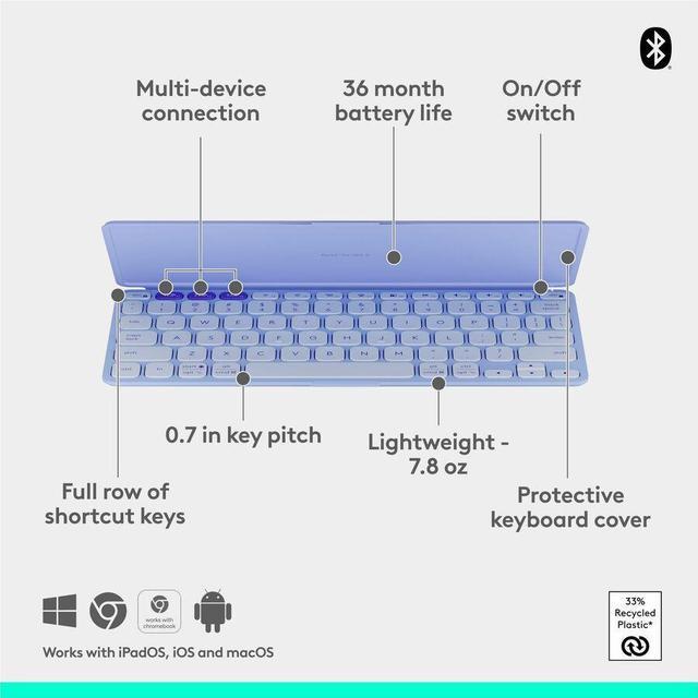Alt view image 8 of 10 - Logitech Keys-To-Go 2 Portable Bluetooth Keyboard for Tablet With Built-in Cover - Slim and Compact Wireless Keyboard for Windows, Android, Linux, iPad, iPhone, Mac, Apple TV - Lilac