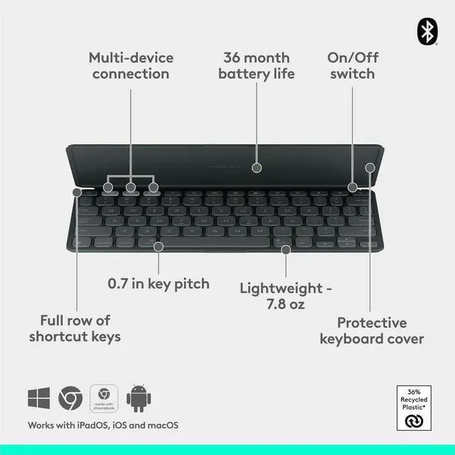 Alt view image 7 of 9 - Logitech Keys-To-Go 2 Portable Wireless iPad Keyboard With Built-in Cover Slim and Compact Wireless Keyboard for iPad iPhone Mac and Apple TV Easily Switch Between Devices Graphite 920012866