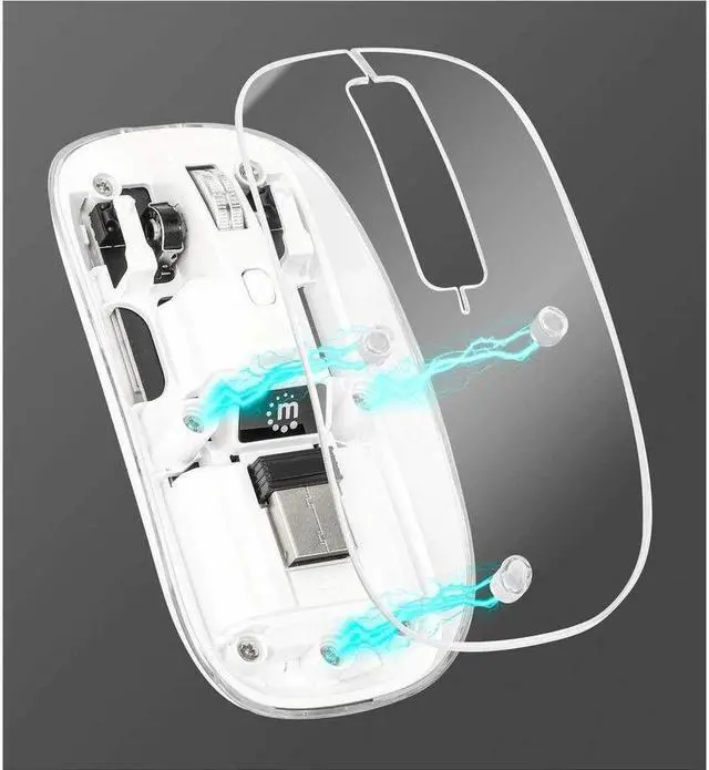 Alt view image 2 of 16 - Manhattan Transparent Rechargeable Wireless USB Mouse - Optical - Wireless - 33 ft - Radio Frequency - 2.40 GHz - Rechargeable - White - USB Type A - 1600 dpi - Scroll Wheel - 4 Button(s) - Symmetrica