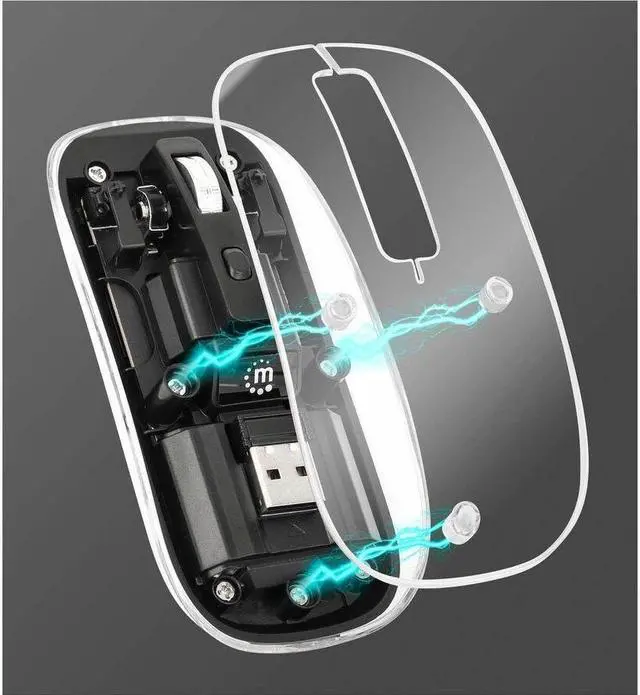 Alt view image 2 of 9 - Manhattan Transparent Rechargeable Wireless USB Mouse - Optical - Wireless - 33 ft - Radio Frequency - 2.40 GHz - Rechargeable - Black, Clear - USB Type A - 1600 dpi - Scroll Wheel - 4 Button(s) - Sym
