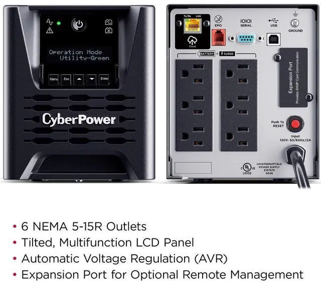 Alt view image 14 of 16 - CyberPower PR750LCD3C Smart App Sinewave UPS Systems - 750VA/750W, 100 - 125 VAC, NEMA 5-15P, Tower, Sine Wave, 6 Outlets, LCD, PowerPanel® Business