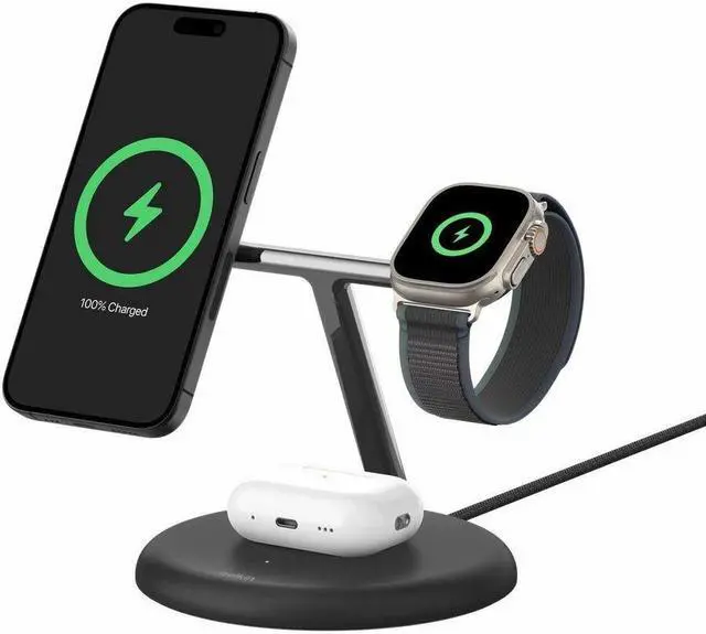 Alt view image 5 of 12 - Belkin BoostCharge Pro Cradle - Wireless - iPhone, Apple Watch, AirPods - 3 Slot - Qi2 - Charging Capability - Black
