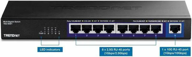 Alt view image 14 of 16 - TRENDnet 9-Port Multi-Gig Switch, TEG-S591, 8 x 2.5G RJ-45 Ports, 1 x 10G RJ-45 Port, 60Gbps Switching Capacity, Ethernet Splitter, NDAA & TAA Compliant, Lifetime Protection, Black