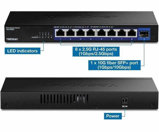Alt view image 5 of 12 - TRENDnet 9-Port Unmanaged 2.5G Switch with 10G SFP+ Port, TEG-S5091, 8 x 2.5GBASE-T Ports, 60Gbps, Wall Mountable, Ethernet Splitter, NDAA & TAA Compliant, Lifetime Protection, Black