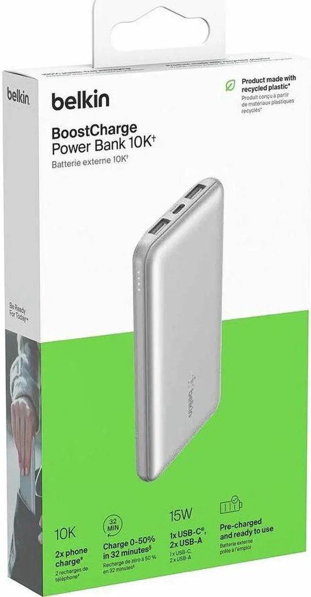 Alt view image 2 of 5 - Belkin 15W 3-port USB Power Bank - 10K mAh - 2xUSB-A (12W), 1xUSB-C (15W) - Portable Charger - w/ USB-A to USB-C Cable - Silver - For iPhone, iPad, AirPod, Smartwatch, Smartphone - 10000 mAh - 3 x USB