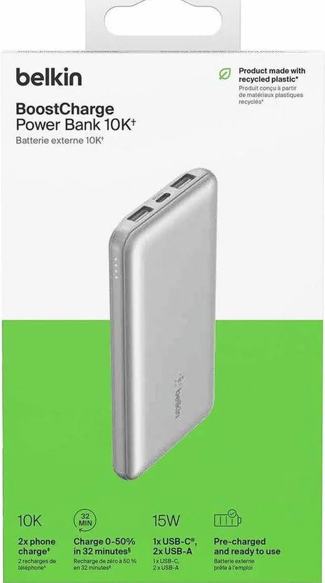 Alt view image 3 of 5 - Belkin 15W 3-port USB Power Bank - 10K mAh - 2xUSB-A (12W), 1xUSB-C (15W) - Portable Charger - w/ USB-A to USB-C Cable - Silver - For iPhone, iPad, AirPod, Smartwatch, Smartphone - 10000 mAh - 3 x USB