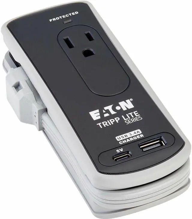 Alt view image 3 of 7 - Eaton Tripp Lite Series Protect It! 2-Outlet Travel-Size Surge Protector - 5-15R Outlets, USB-C and USB-A Ports, 5-15P Input, Black - Black, Gray - NEMA 5-15P - 2 x NEMA 5-15R, 1 x USB Type A, 1 x USB