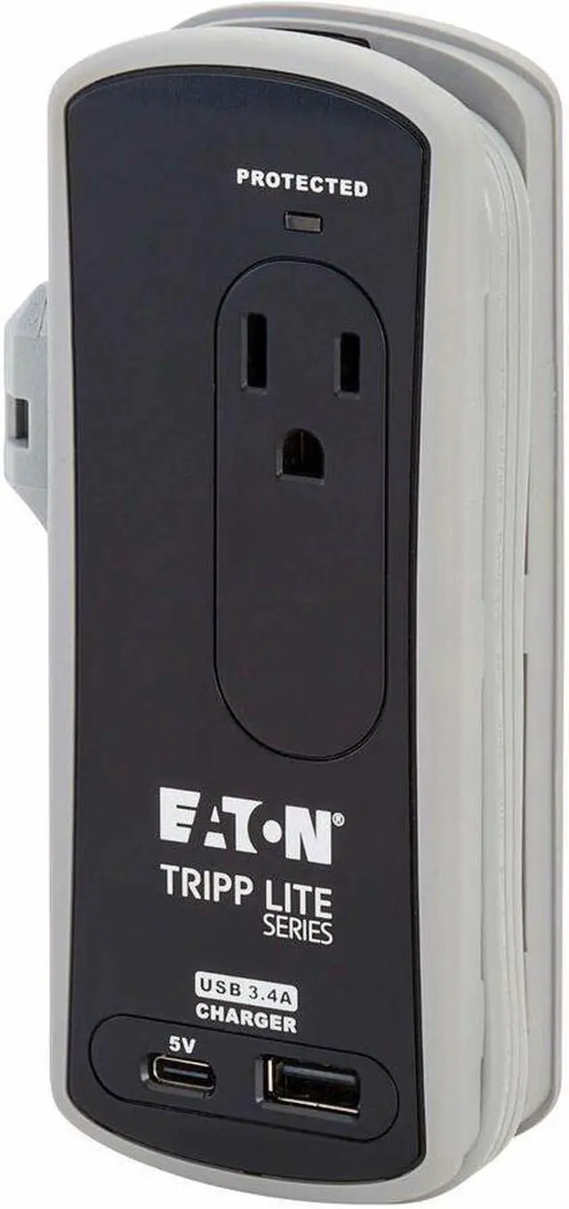 Alt view image 4 of 7 - Eaton Tripp Lite Series Protect It! 2-Outlet Travel-Size Surge Protector - 5-15R Outlets, USB-C and USB-A Ports, 5-15P Input, Black - Black, Gray - NEMA 5-15P - 2 x NEMA 5-15R, 1 x USB Type A, 1 x USB