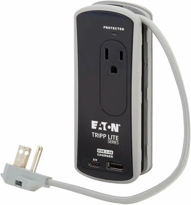 Alt view image 5 of 7 - Eaton Tripp Lite Series Protect It! 2-Outlet Travel-Size Surge Protector - 5-15R Outlets, USB-C and USB-A Ports, 5-15P Input, Black - Black, Gray - NEMA 5-15P - 2 x NEMA 5-15R, 1 x USB Type A, 1 x USB
