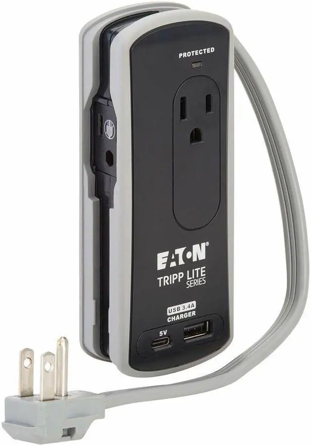 Alt view image 7 of 7 - Eaton Tripp Lite Series Protect It! 2-Outlet Travel-Size Surge Protector - 5-15R Outlets, USB-C and USB-A Ports, 5-15P Input, Black - Black, Gray - NEMA 5-15P - 2 x NEMA 5-15R, 1 x USB Type A, 1 x USB
