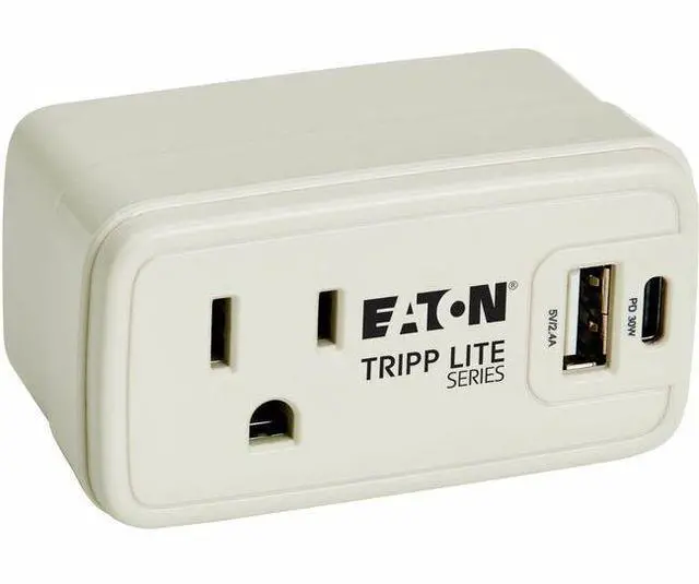 Alt view image 7 of 8 - Eaton Tripp Lite Series Power It! 1-Outlet Universal Travel Charger and Power Strip - 5-15R Outlet, USB-C and USB-A Ports, 32W PD Charging, 5-15P Direct Plug-In, Gray - 1 x NEMA 5-15P Plug - 1 x USB T