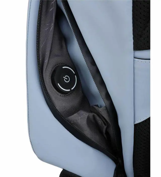 Alt view image 7 of 9 - Swissdigital LAMONE Light Blue L Backpack - LED Light System - USB Charging Port - RFID Protection Pocket - Eco-Friendly & Water Resistant Fabric - Trolley Sleeve - Fits 16" Laptop  SD1685-13