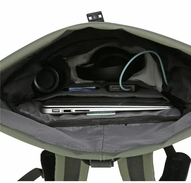 Alt view image 3 of 8 - Swissdigital LAMONE Dark Green Rolltop Backpack - USB Charging Port - RFID Protection Pocket - Eco-Friendly & Water Resistant Fabric - Fits 16" Laptop  SD1681-23