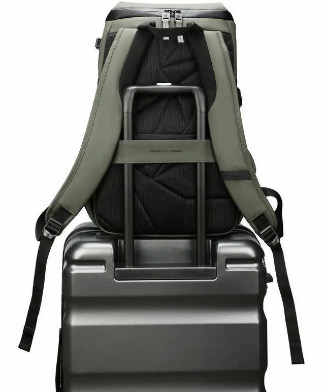 Alt view image 3 of 8 - Swissdigital LAMONE Dark Green L Backpack - LED Light System - USB Charging Port - RFID Protection Pocket - Eco-Friendly & Water Resistant Fabric - Trolley Sleeve - Fits 16" Laptop  SD1685-23