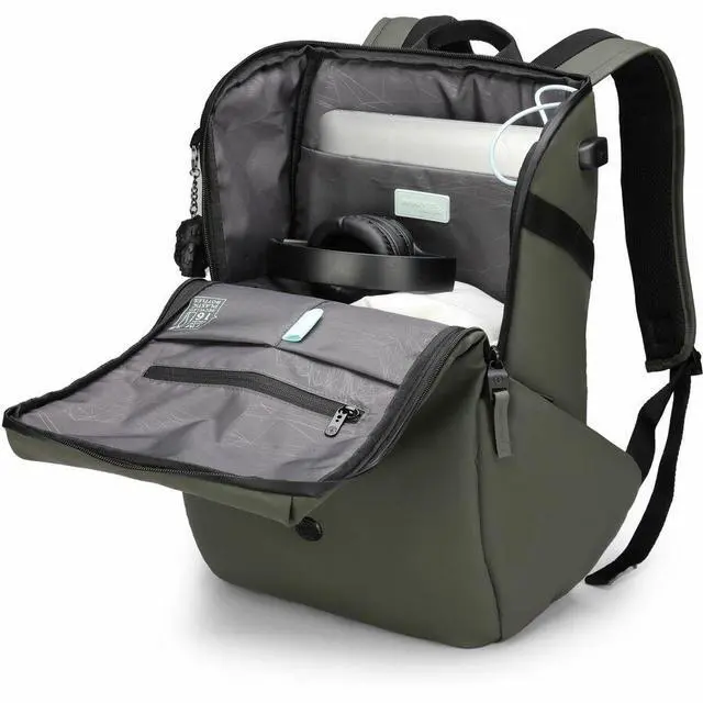 Alt view image 7 of 8 - Swissdigital LAMONE Dark Green L Backpack - LED Light System - USB Charging Port - RFID Protection Pocket - Eco-Friendly & Water Resistant Fabric - Trolley Sleeve - Fits 16" Laptop  SD1685-23