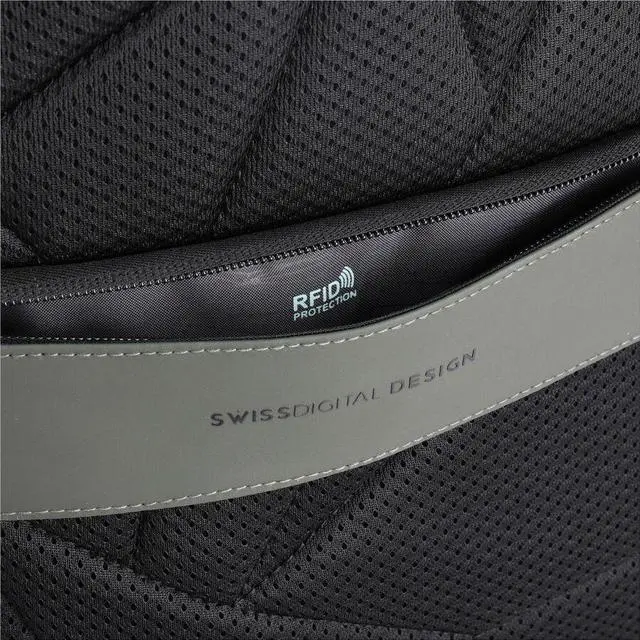 Alt view image 6 of 8 - Swissdigital LAMONE Dark Green L Backpack - LED Light System - USB Charging Port - RFID Protection Pocket - Eco-Friendly & Water Resistant Fabric - Trolley Sleeve - Fits 16" Laptop  SD1685-23