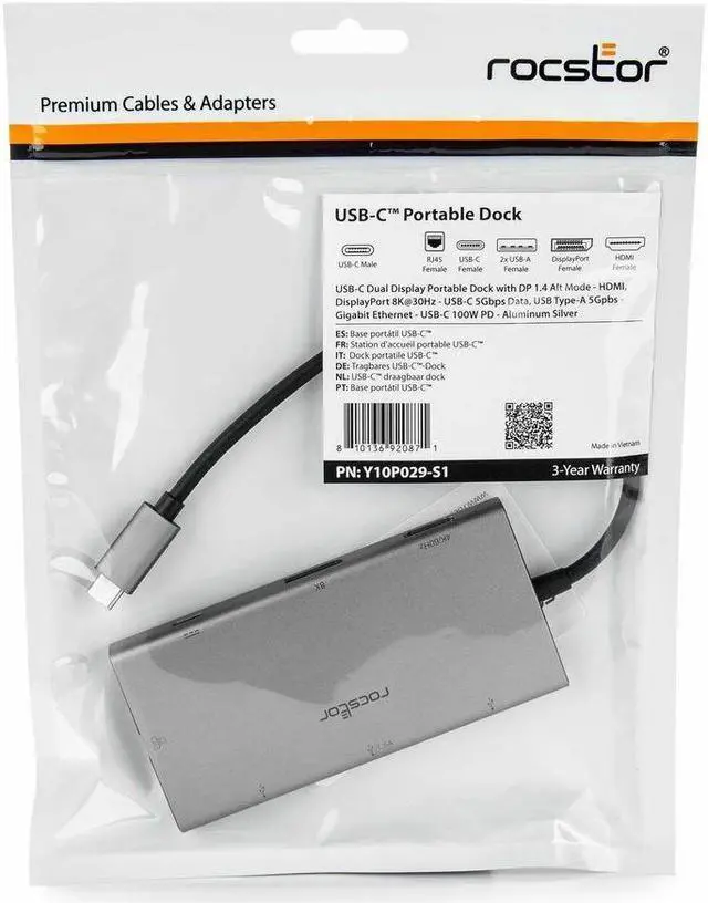 Alt view image 2 of 9 - Rocstor Premium USB-C Dual Display Portable Dock Multiport Adapter - for Notebook/Desktop PC/Tablet/Monitor - Charging Capability - USB Type C - 2 Displays Supported - 8K @ 30Hz, 4K @ 60Hz, 4K @30Hz -