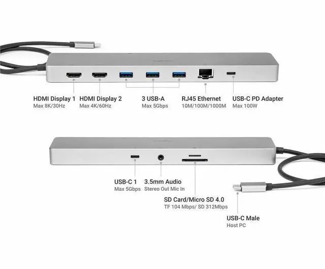 Alt view image 6 of 9 - Rocstor Premium USB-C 11-in-1 Dual Display Portable Dock - for Notebook/Desktop PC/Tablet/Monitor - Charging Capability - Memory Card Reader - SD, TransFlash - USB Type C - 2 Displays Supported - 8K @