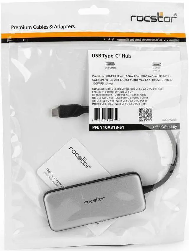 Alt view image 3 of 9 - PREMIUM USB-C HUB WITH 100W PD - USB-C TO QUAD USB-C 3.1 5GBPS PORTS - 3X USB-C
