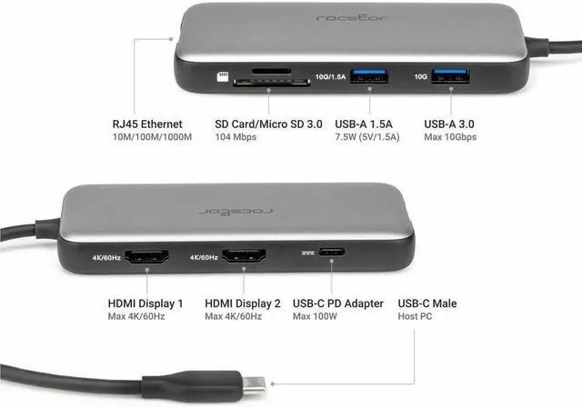 Alt view image 6 of 9 - Rocstor Premium USB-C 8-in-1 Dual HDMI Display Portable Dock Multiport Adapter - for Notebook/Desktop PC/Tablet/Monitor - Charging Capability - Memory Card Reader - SD, microSD - USB Type C - 2 Displa